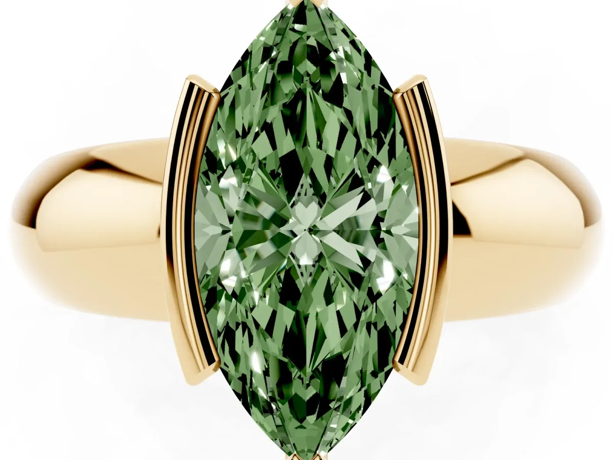 Fancy Green Marquise Cut Solitaire Tension Set Diamond Ring with Wide Band Yellow gold