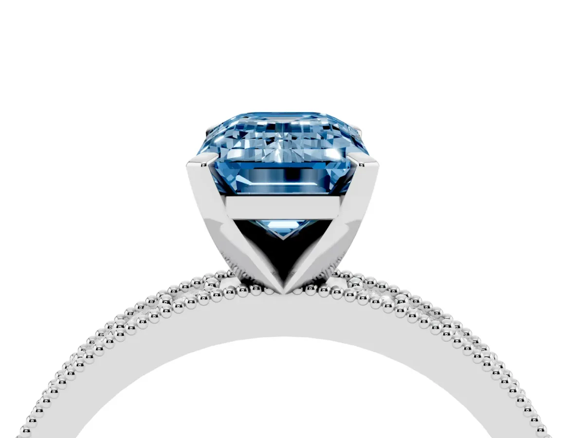 Fancy Blue Emerald Cut Diamond Milgrain Pavé Engagement Ring with Four-Prong Setting Silver