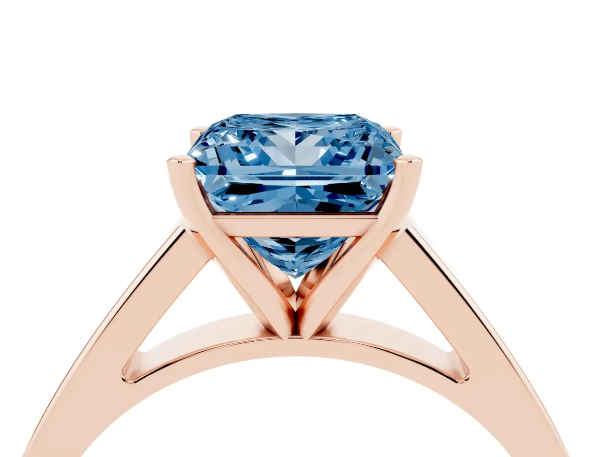 Fancy Blue Princess Cut Solitaire Engagement Ring with Four-Prong Setting and Tapered Band Rose gold