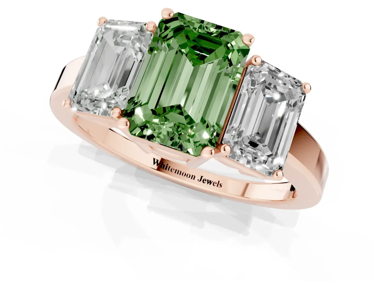 Fancy Green Three-Stone Emerald Cut Cut Diamond Engagement Ring with Flat Band and Four-Prong Setting Rose gold