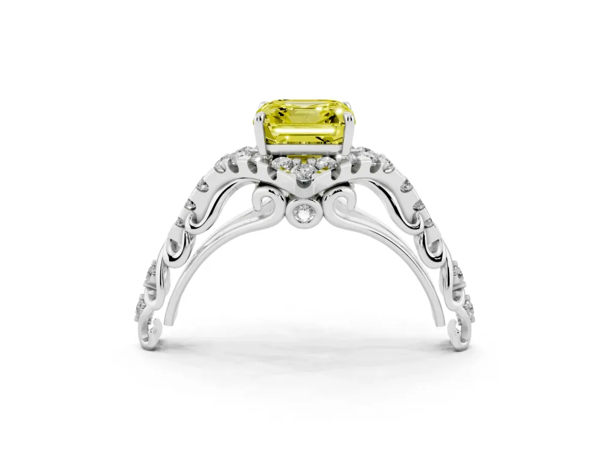 Fancy Yellow Asscher Cut Diamond Solitaire Ring with Hidden Halo and Pavé Band Platinum