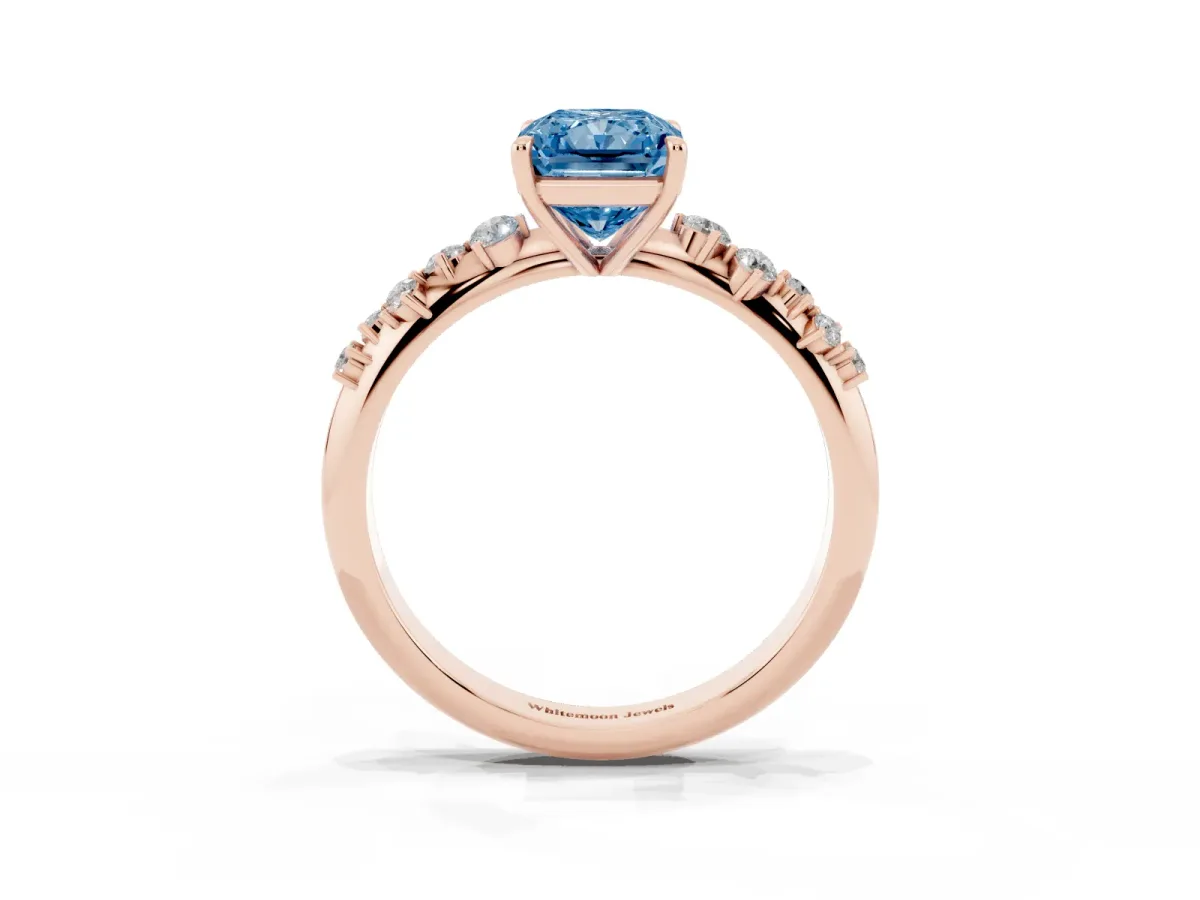 Fancy Blue Radiant Cut Diamond Cluster Side Stone Solitaire Ring with Prong Setting Rose gold