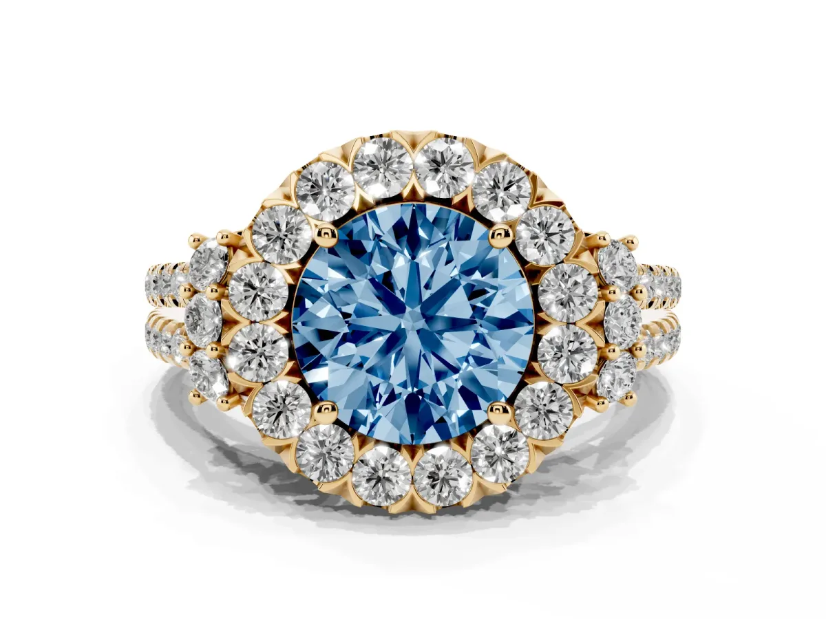 Fancy Blue Round Cut Cut Double Halo Diamond Engagement Ring with Pave Band and Four-Prong Setting Yellow gold