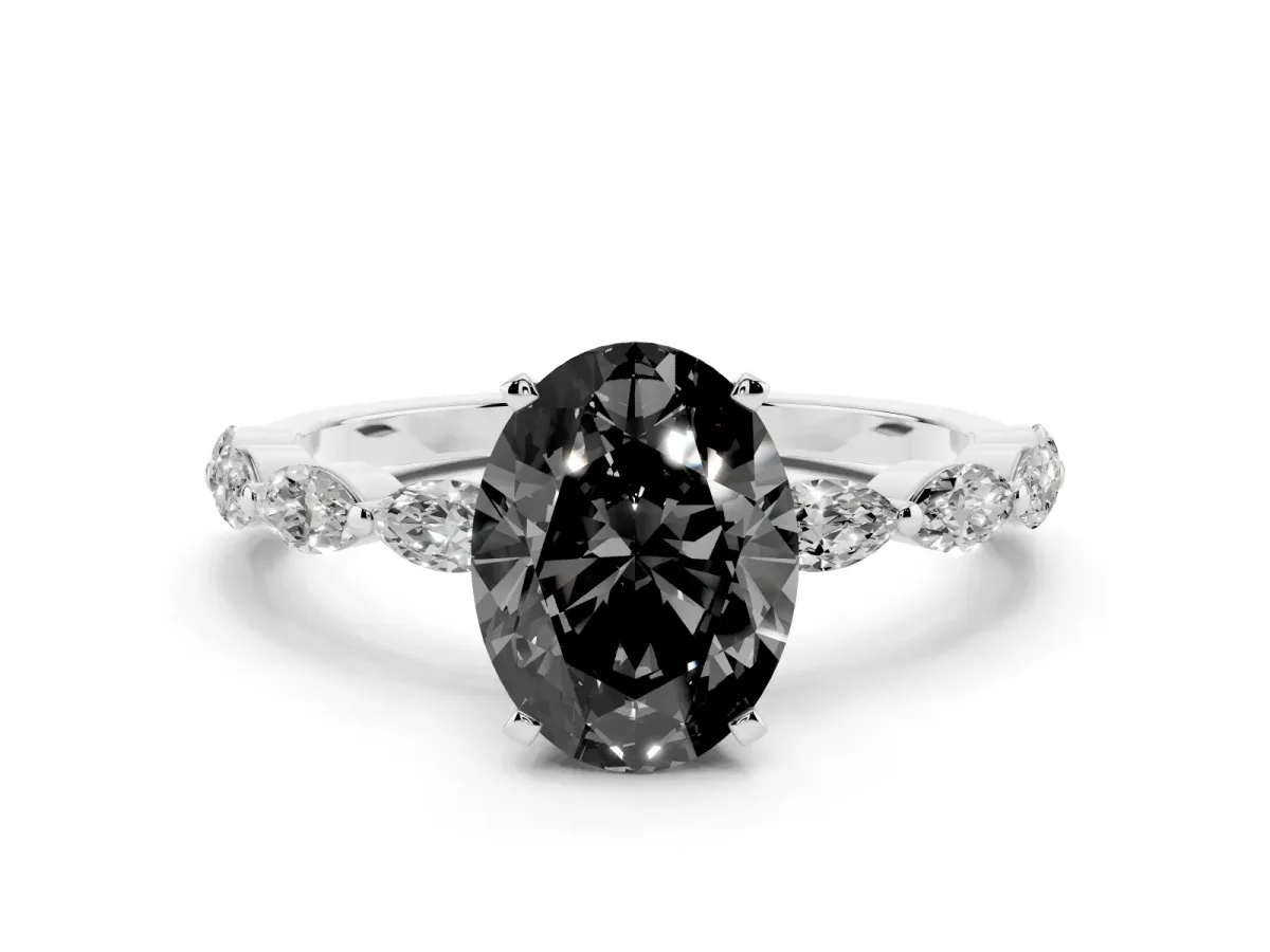 Fancy Black Oval Cut Diamond Ring with Marquise Side Stones and Prong Setting Silver