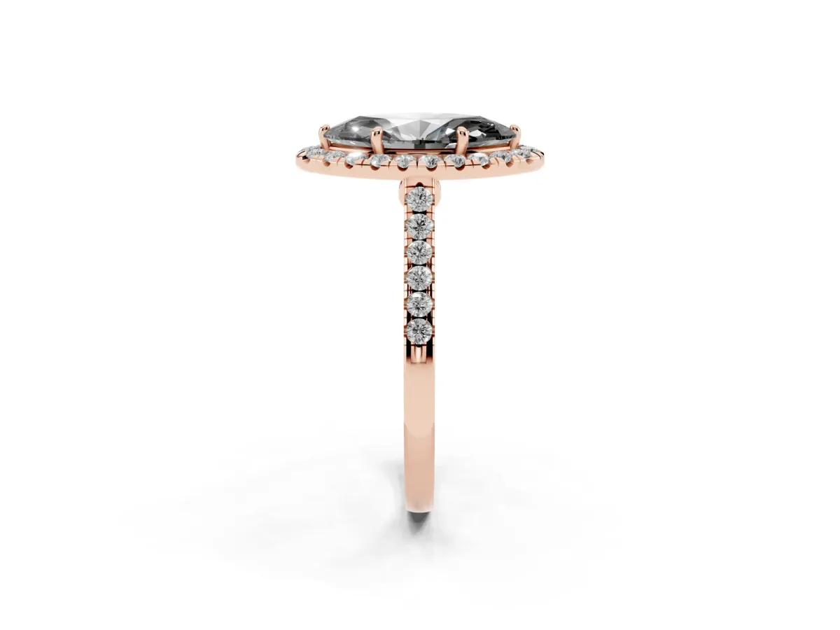 Fancy Black Marquise Cut Halo Pave Diamond Engagement Ring with Four-Prong Setting Rose gold