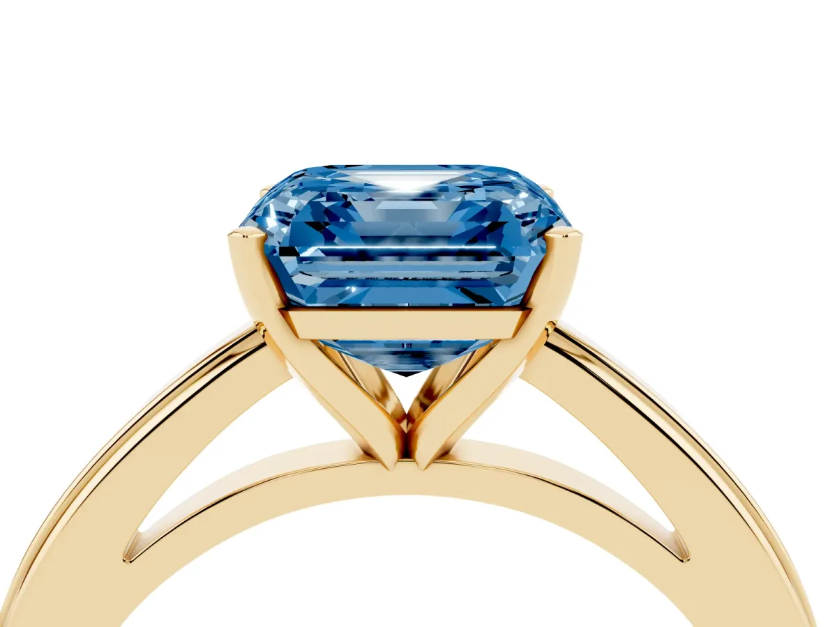 Fancy Blue Asscher Cut Solitaire Diamond Ring with Four-Prong Setting and Classic Band Yellow gold