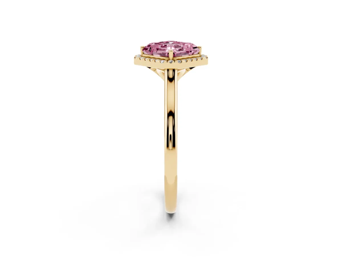 Fancy Pink Asscher Cut Halo Round Diamond Solitaire Engagement Ring with Pave Band and Four-Prong Setting Yellow gold