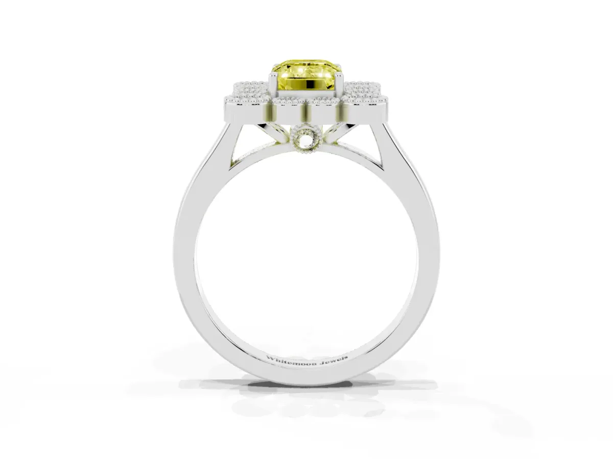 Fancy Yellow Emerald Cut Halo Diamond Cluster Engagement Ring with Milgrain Bezel Setting and Solitaire Band Silver