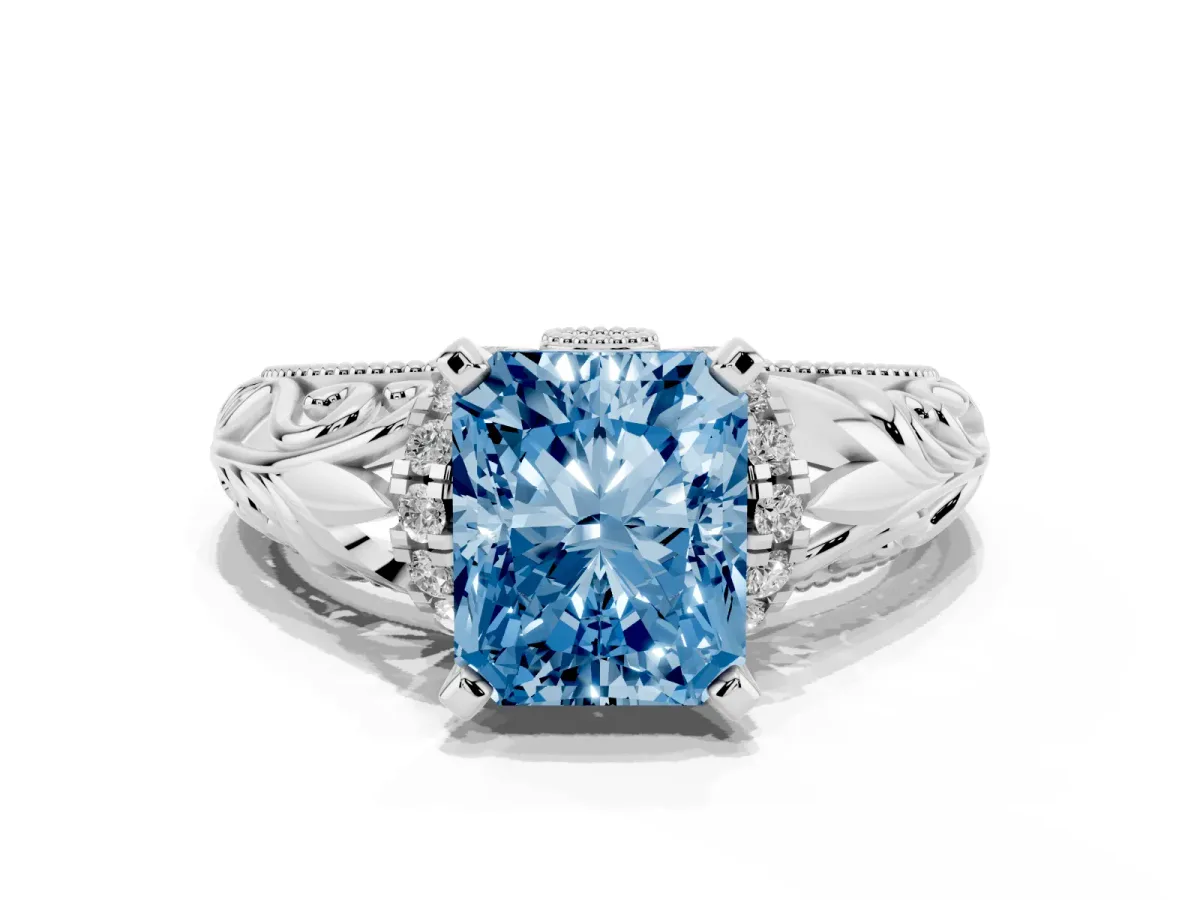 Fancy Blue Radiant Cut Solitaire Filigree Engagement Ring with Halo and Prong Setting White gold