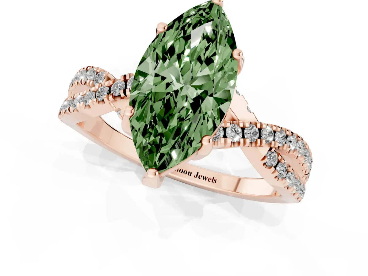Fancy Green Marquise Cut Solitaire Twist Pave Diamond Engagement Ring with Prong Setting Rose gold