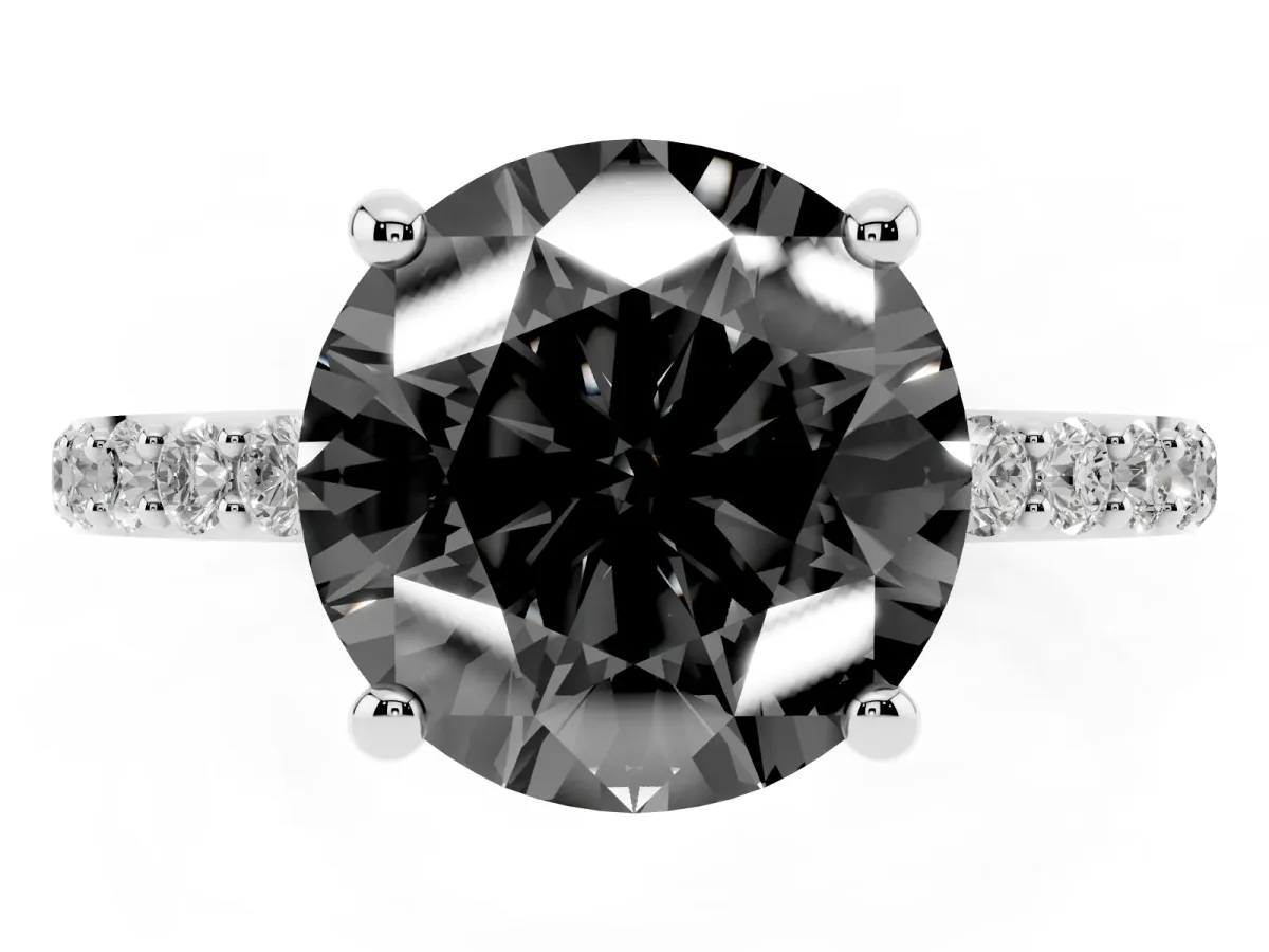 Fancy Black Round Cut Diamond Solitaire Ring with Round Pavé Band and Prong Setting Silver