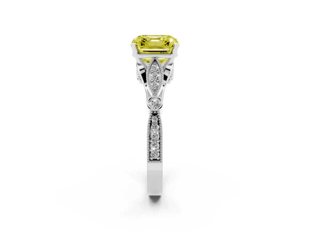 Fancy Yellow Asscher Cut Cut Diamond with Milgrain Marquise and Bezel Accents on a Solitaire Band with Prong Setting White gold