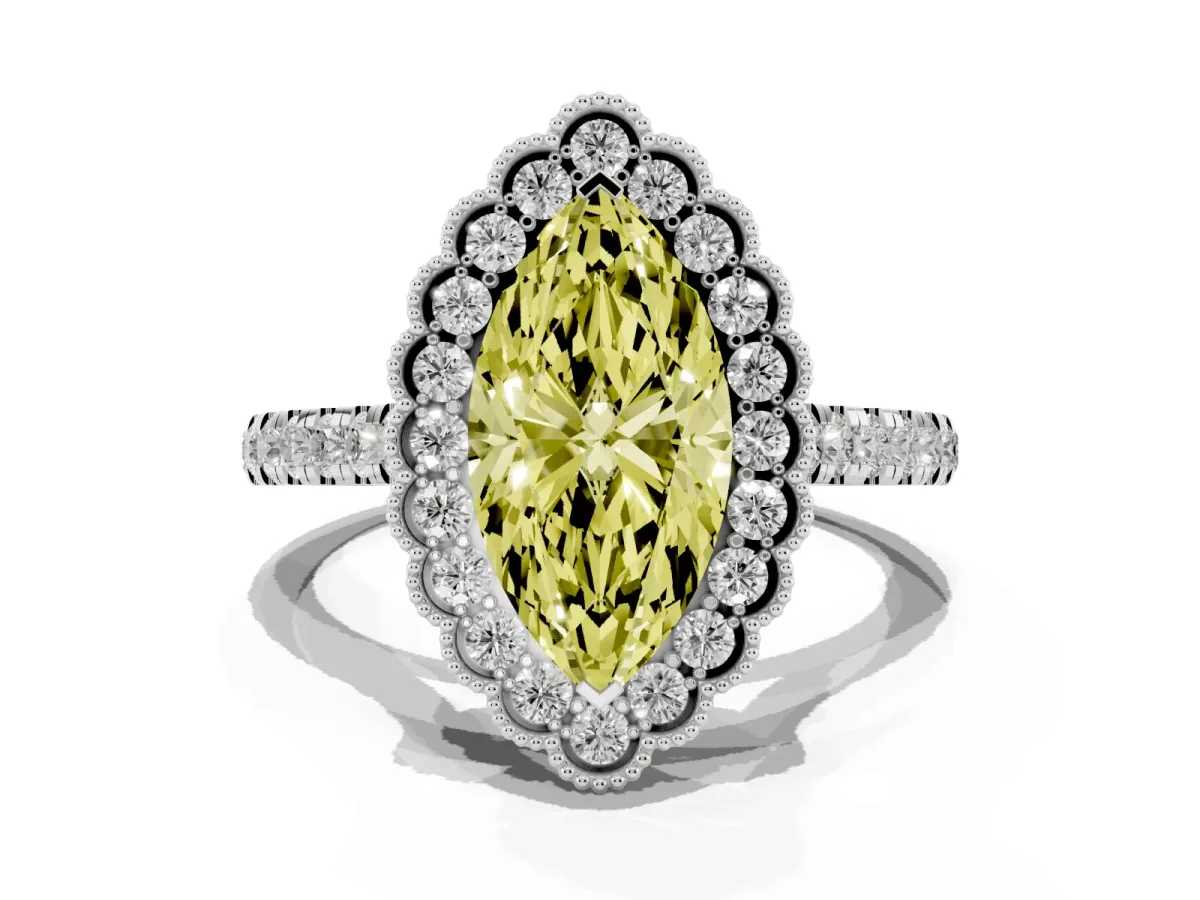 Fancy Yellow Marquise Cut Cut Diamond Milgrain Floral Halo Engagement Ring with Pavé Band White gold