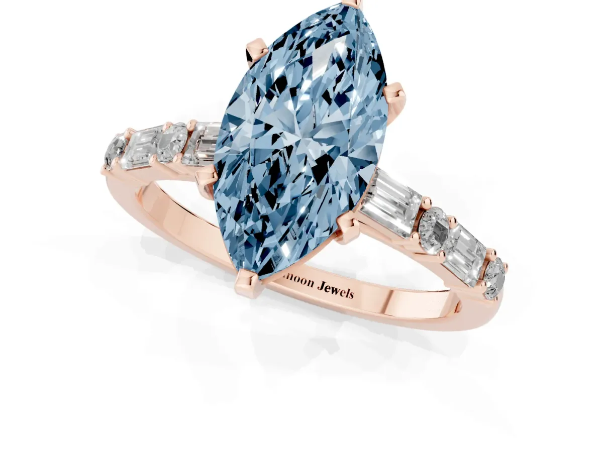 Fancy Blue Marquise Cut Diamond Solitaire with Side Baguettes and Channel Set Band Rose gold