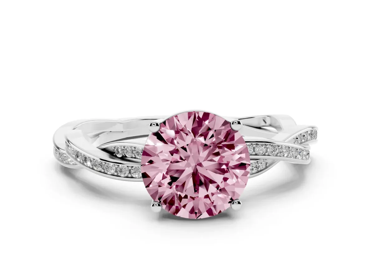 Fancy Pink Round Cut Solitaire Twisted Pave Diamond Ring with Four-Prong Setting White gold