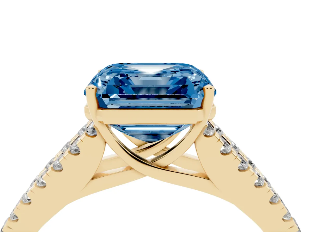 Fancy Blue Asscher Cut Diamond Split Shank Engagement Ring with Round Pavé and Prong Setting Yellow gold