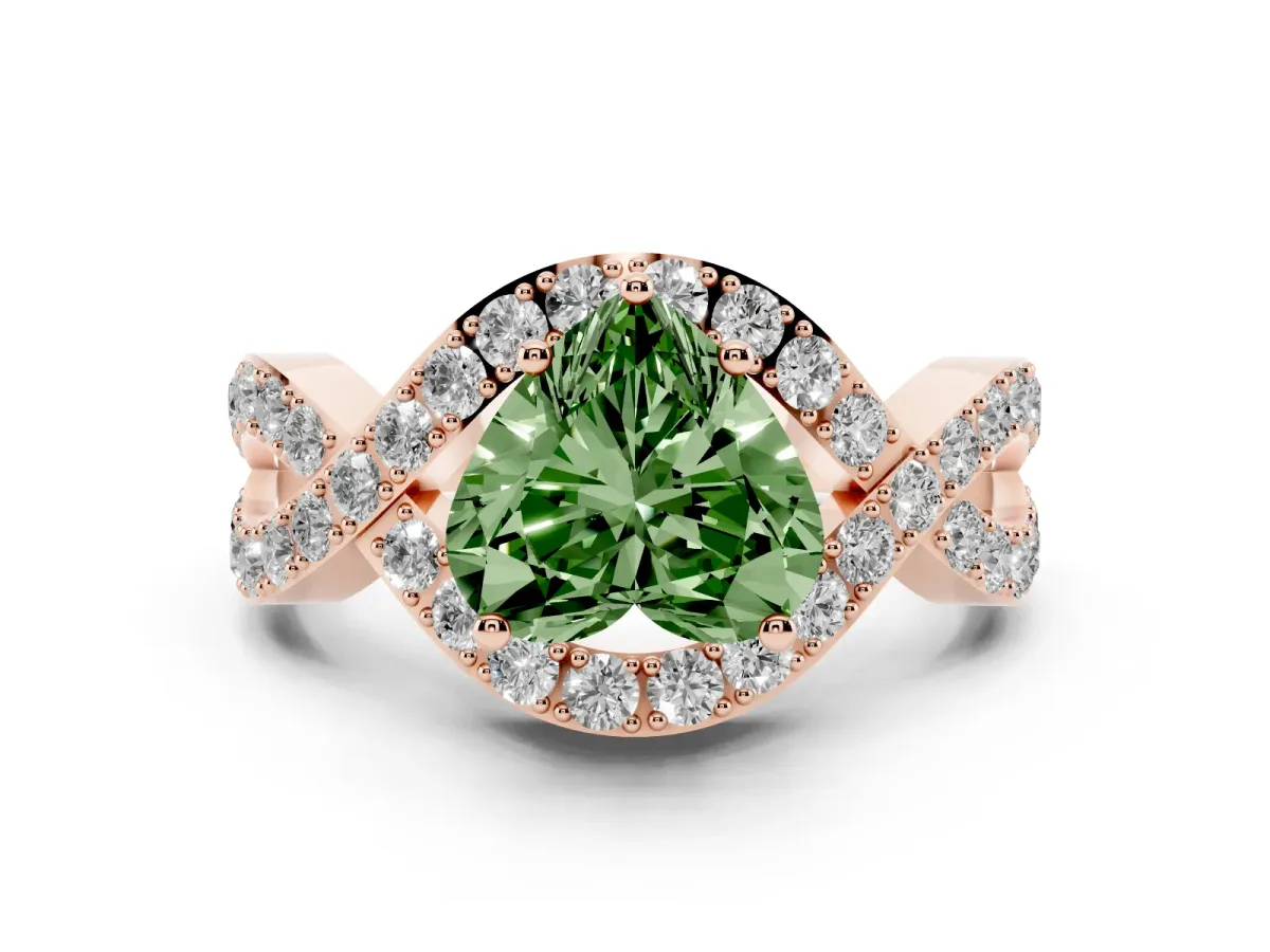 Fancy Green Heart Cut Solitaire Twist Band Pavé Diamond Engagement Ring Rose gold