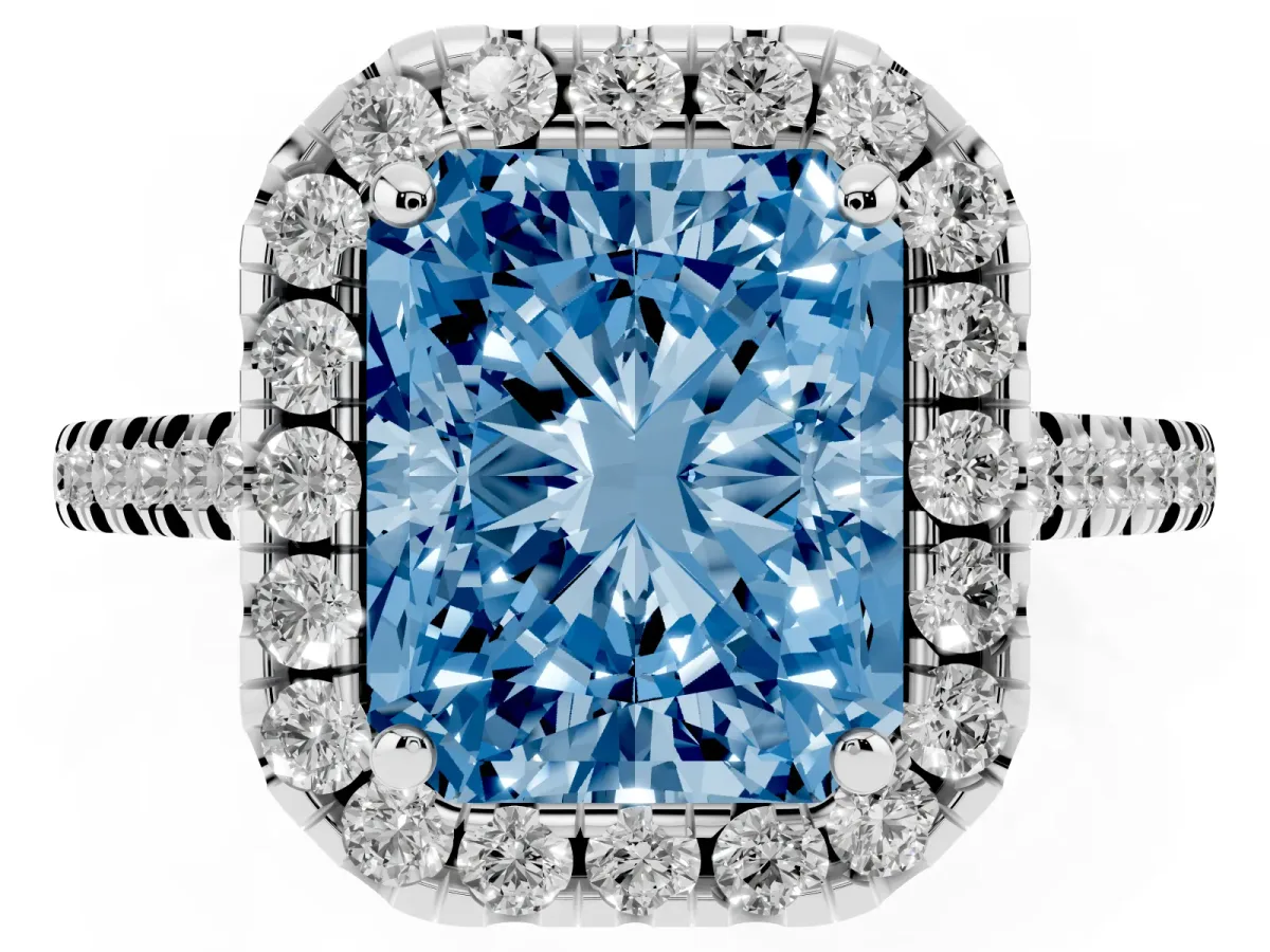 Fancy Blue Radiant Cut Diamond Cushion Halo Ring with Pavé Band Silver