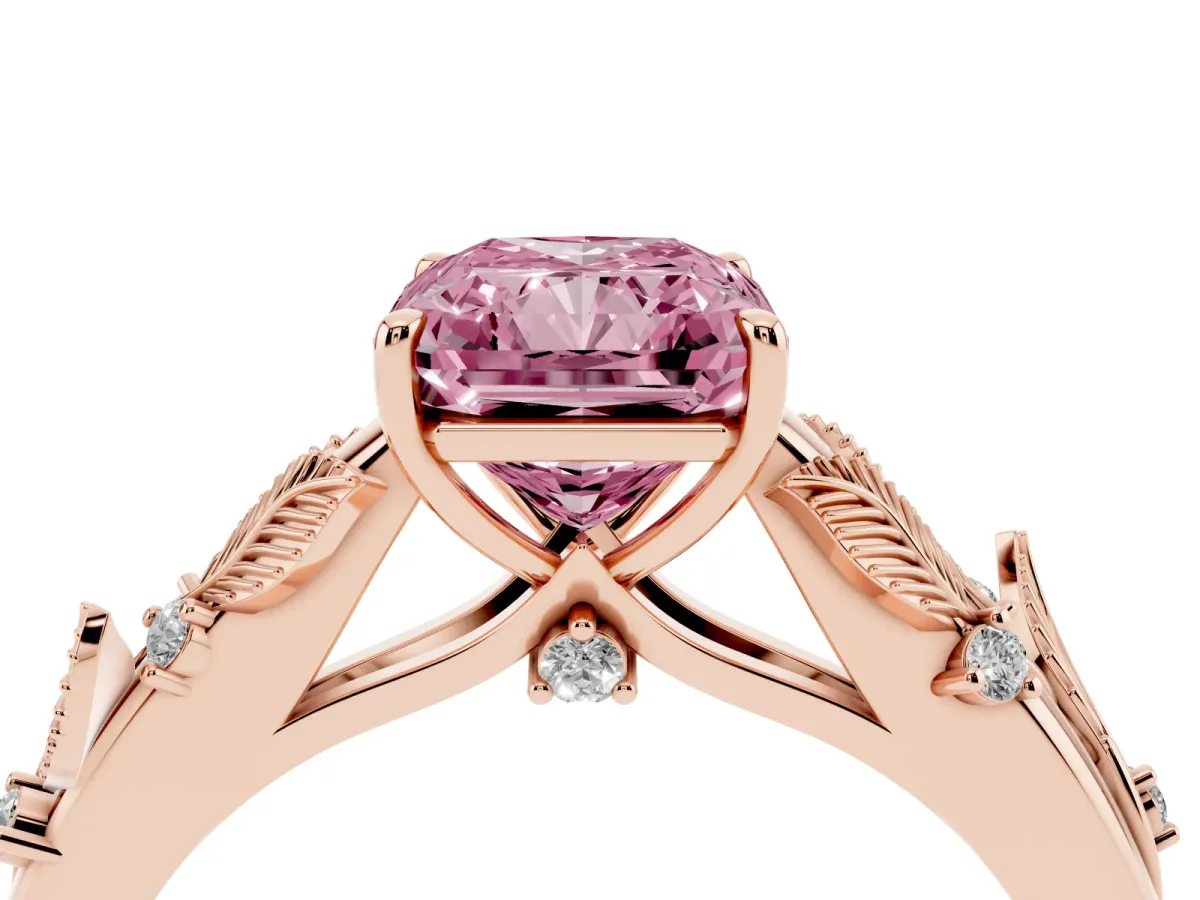 Fancy Pink Radiant Cut Diamond Solitaire Ring with Leaf Motif Band and Four-Prong Setting Rose gold