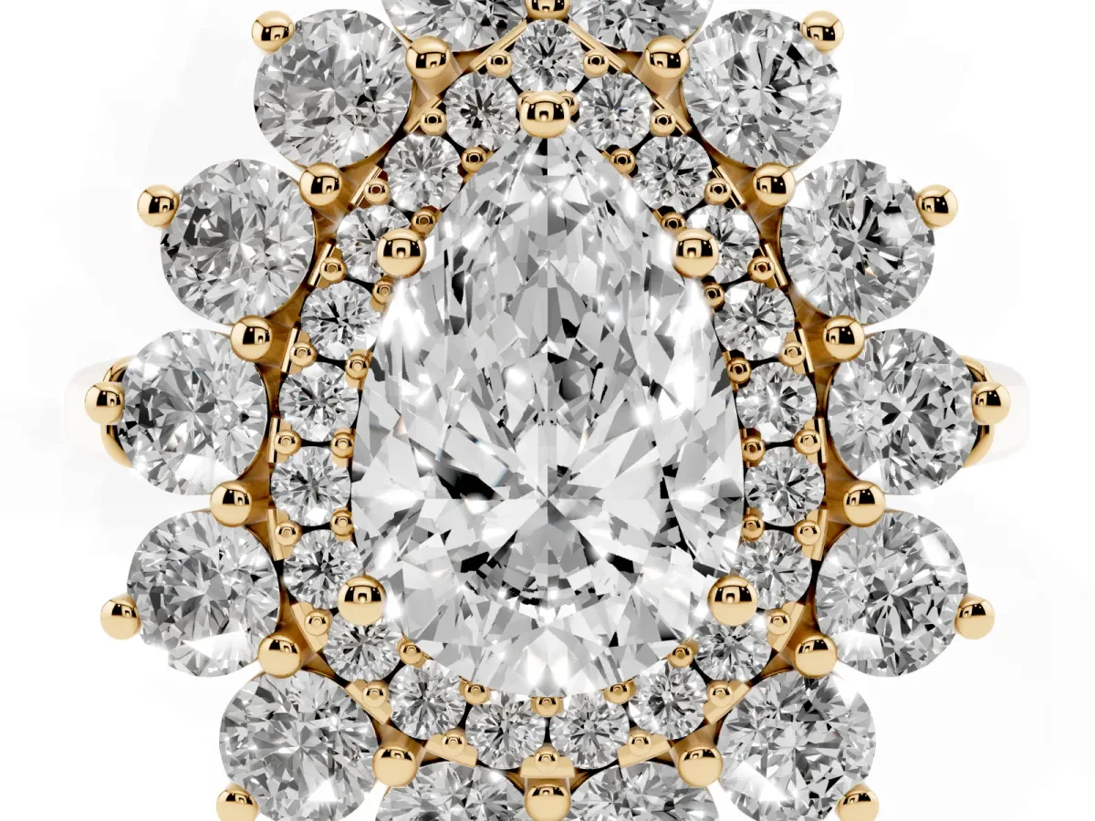 Pear Cut Diamond Floral Double Halo Engagement Ring with Prong Setting Yellow gold