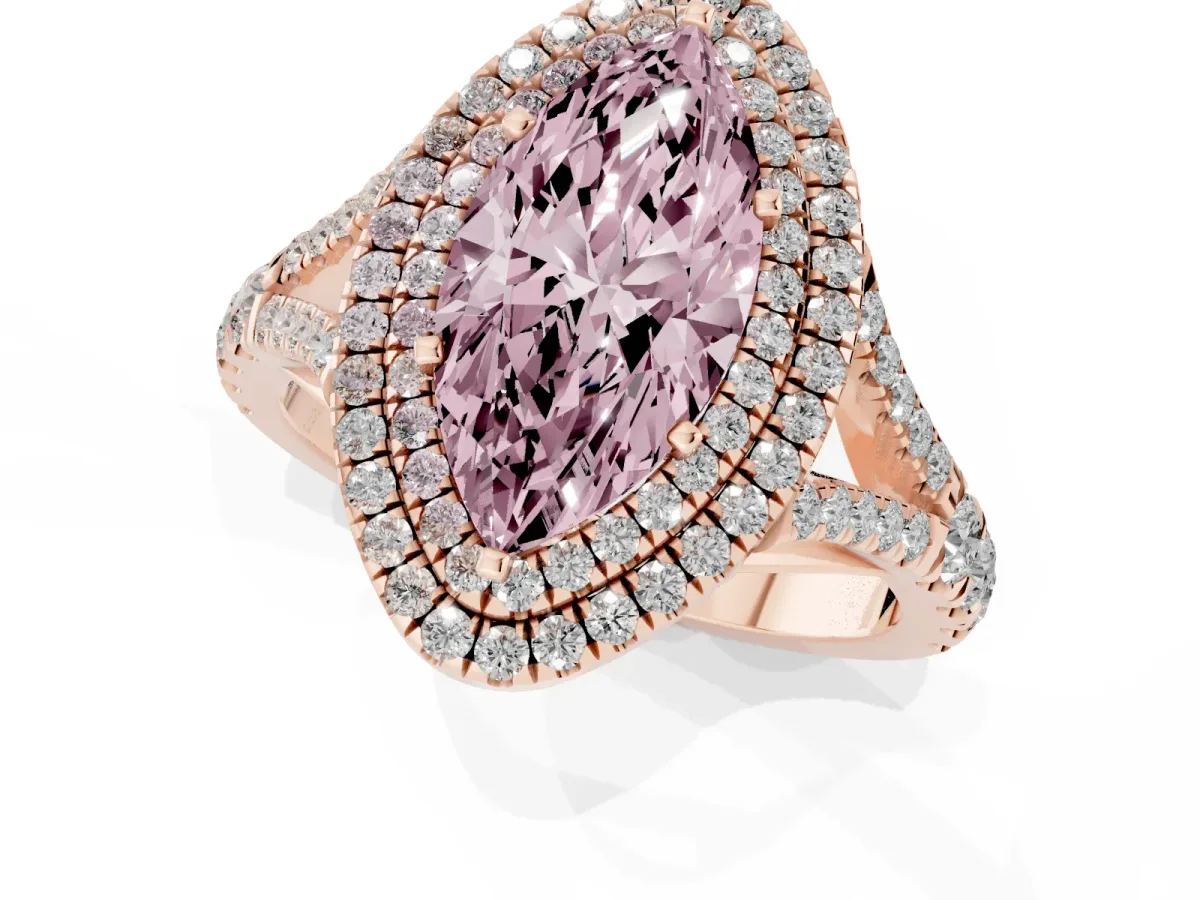 Fancy Pink Double Halo Marquise Cut Diamond Split Shank Engagement Ring with Four-Prong Setting Rose gold