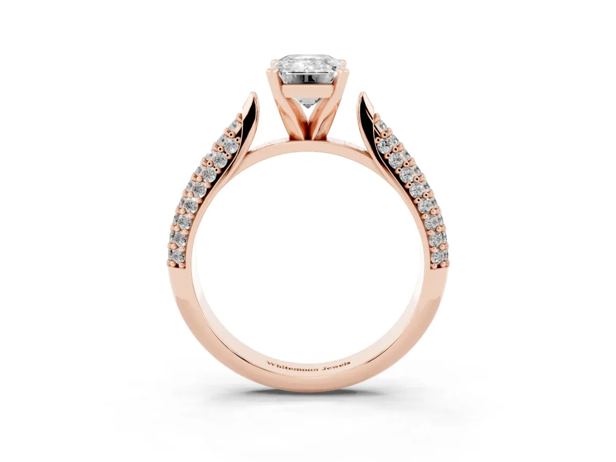 Emerald Cut Diamond Solitaire Engagement Ring with Multi-Row Round Pavé Band and Prong Setting Rose gold