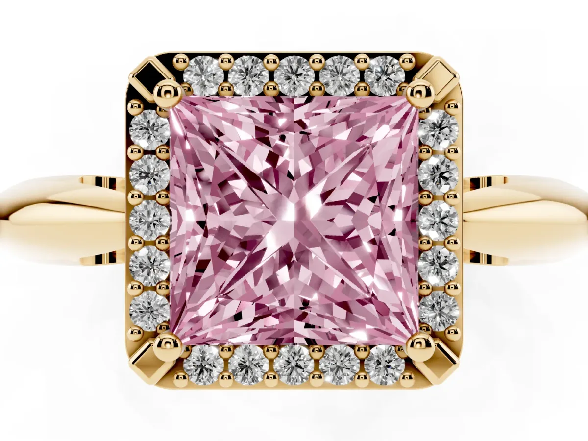 Fancy Pink Princess Cut Cut Diamond Halo Engagement Ring with Split Shank and Four-Prong Setting Yellow gold