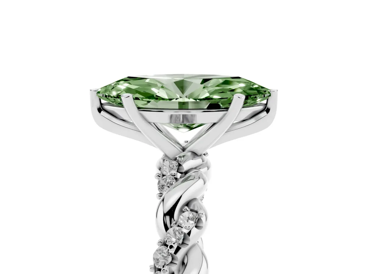 Fancy Green Marquise Cut Diamond Solitaire Ring with Twisted Band and Pavé Accents Silver
