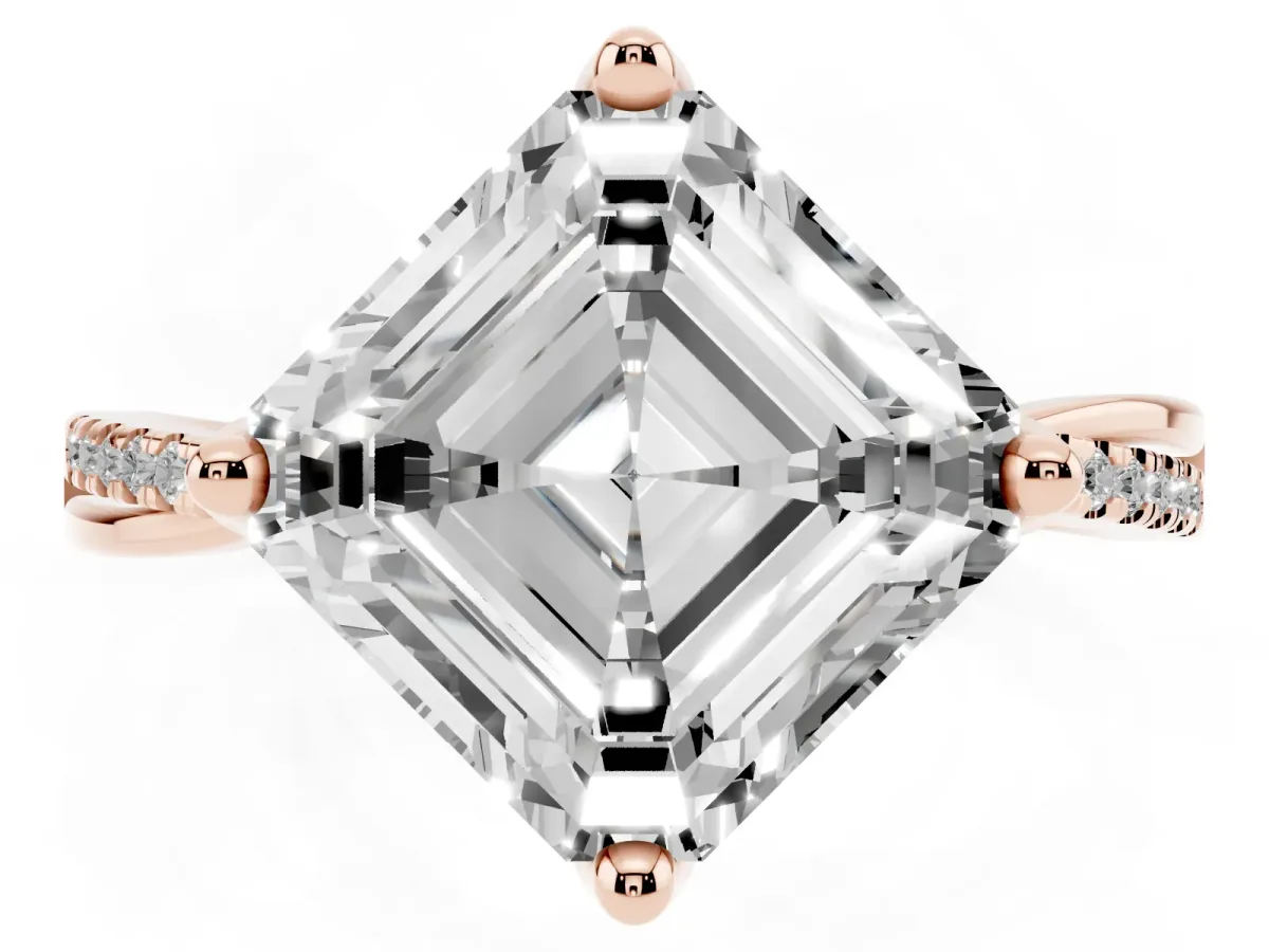 Asscher Cut Solitaire Twist Band with Pavé Diamonds and Four-Prong Setting Rose gold