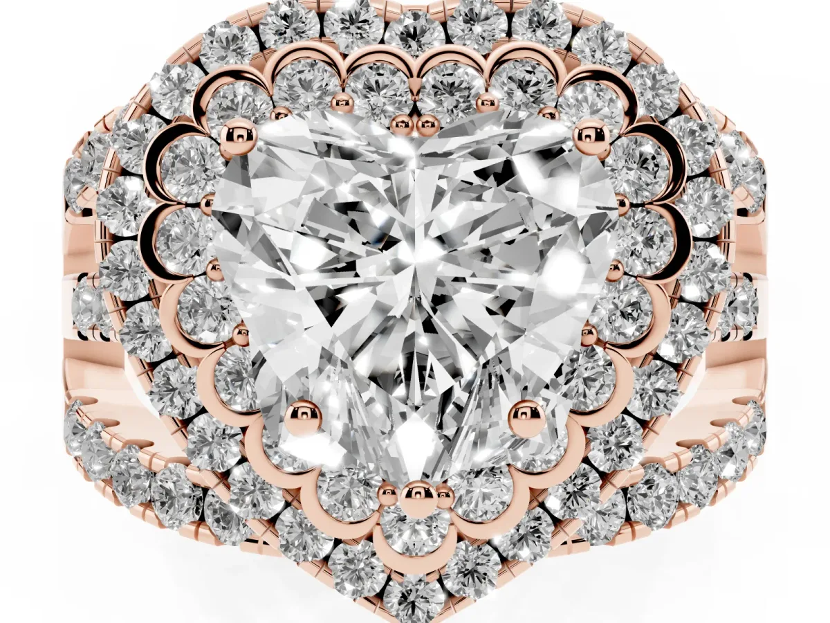 Heart Cut Diamond Double Halo Ring with Round Pavé Split Shank and Prong Setting Rose gold