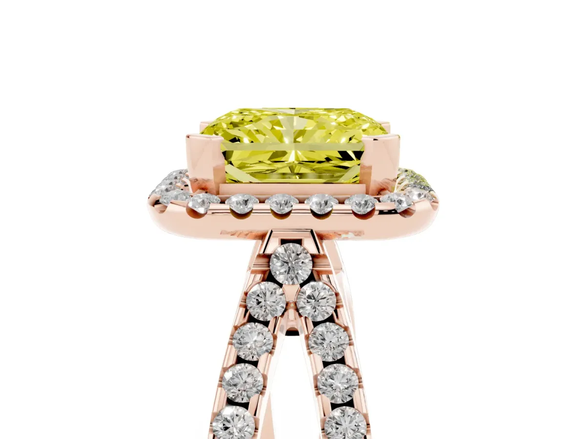 Fancy Yellow Radiant Cut Diamond Halo Ring with Split Shank Pavé Band and Prong Setting Rose gold