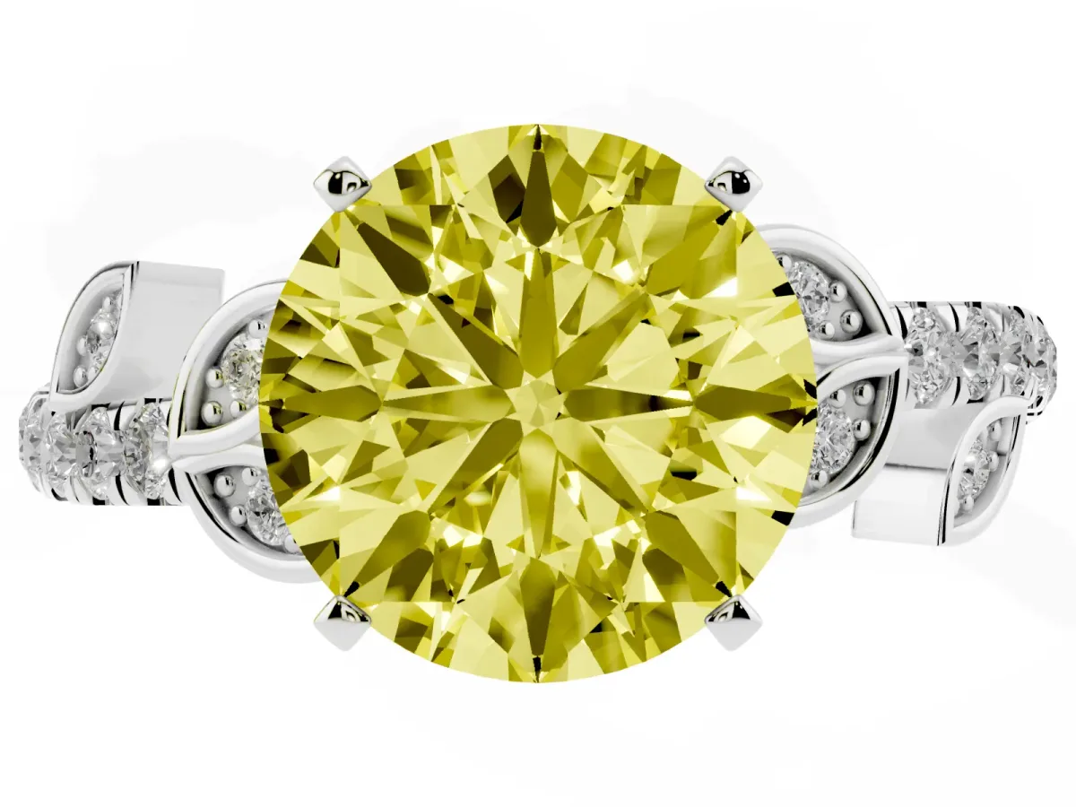 Fancy Yellow Round Cut Solitaire Leaf-Inspired Diamond Ring with Pavé Band and Four-Prong Setting Silver