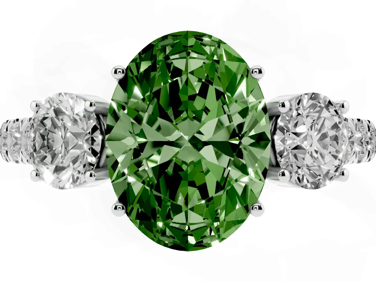 Fancy Green Oval Cut Cut Diamond Three-Stone Ring with Round Side Stones and Pavé Band Platinum