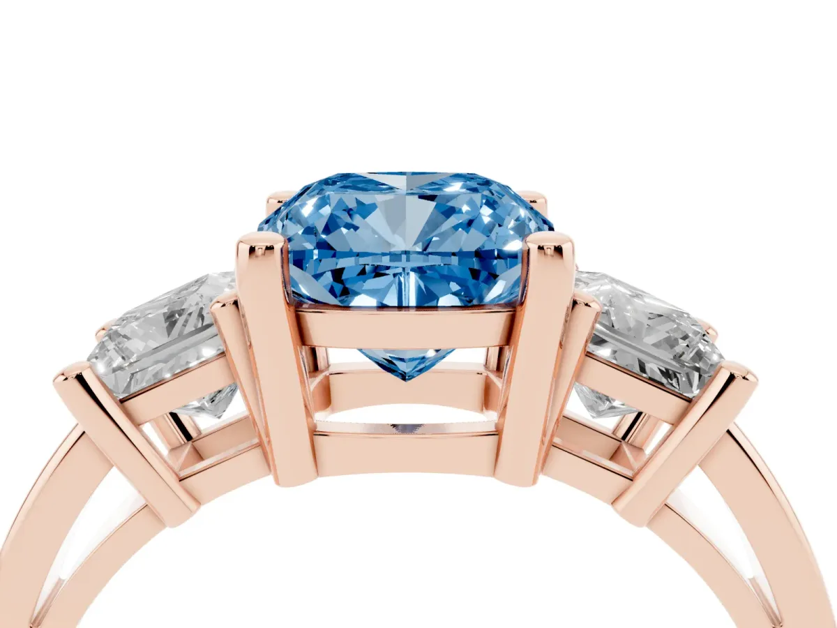 Fancy Blue Three-Stone Cushion Cut Cut Solitaire Ring with Prong Setting Rose gold