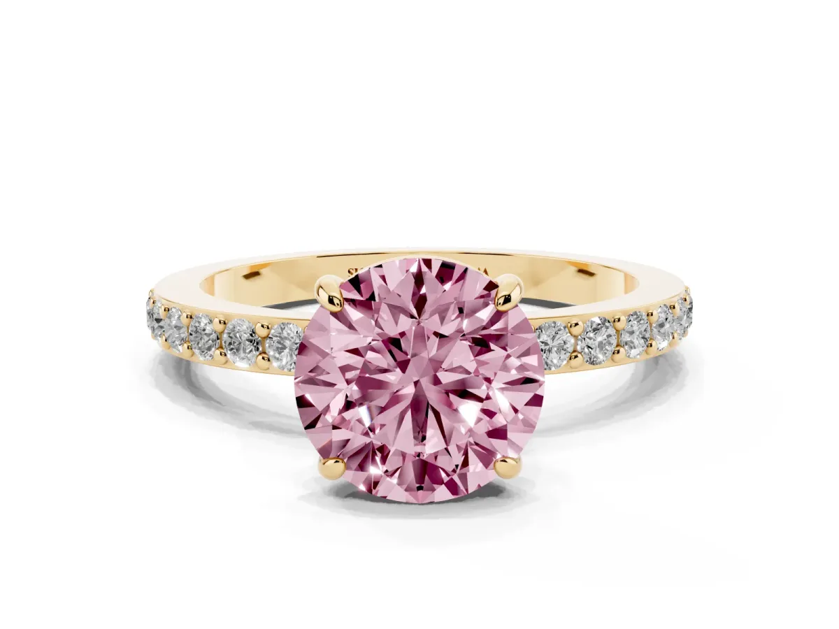 Fancy Pink Round Cut Diamond Pavé Engagement Ring with Round Accents and Prong Setting Yellow gold