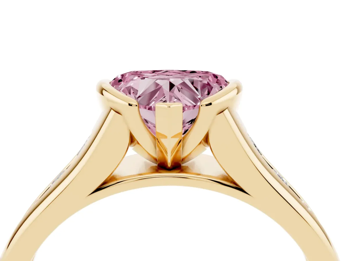 Fancy Pink Heart Cut Solitaire Bezel-Set Diamond Ring with Channel-Set Band Yellow gold