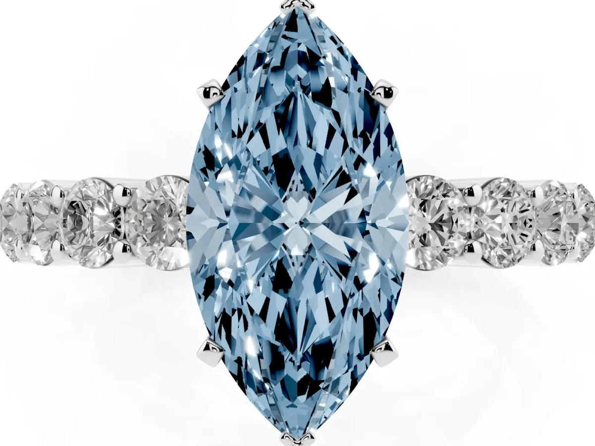 Fancy Blue Marquise Cut Diamond Solitaire Ring with Shared Prong Round Side Stones Platinum
