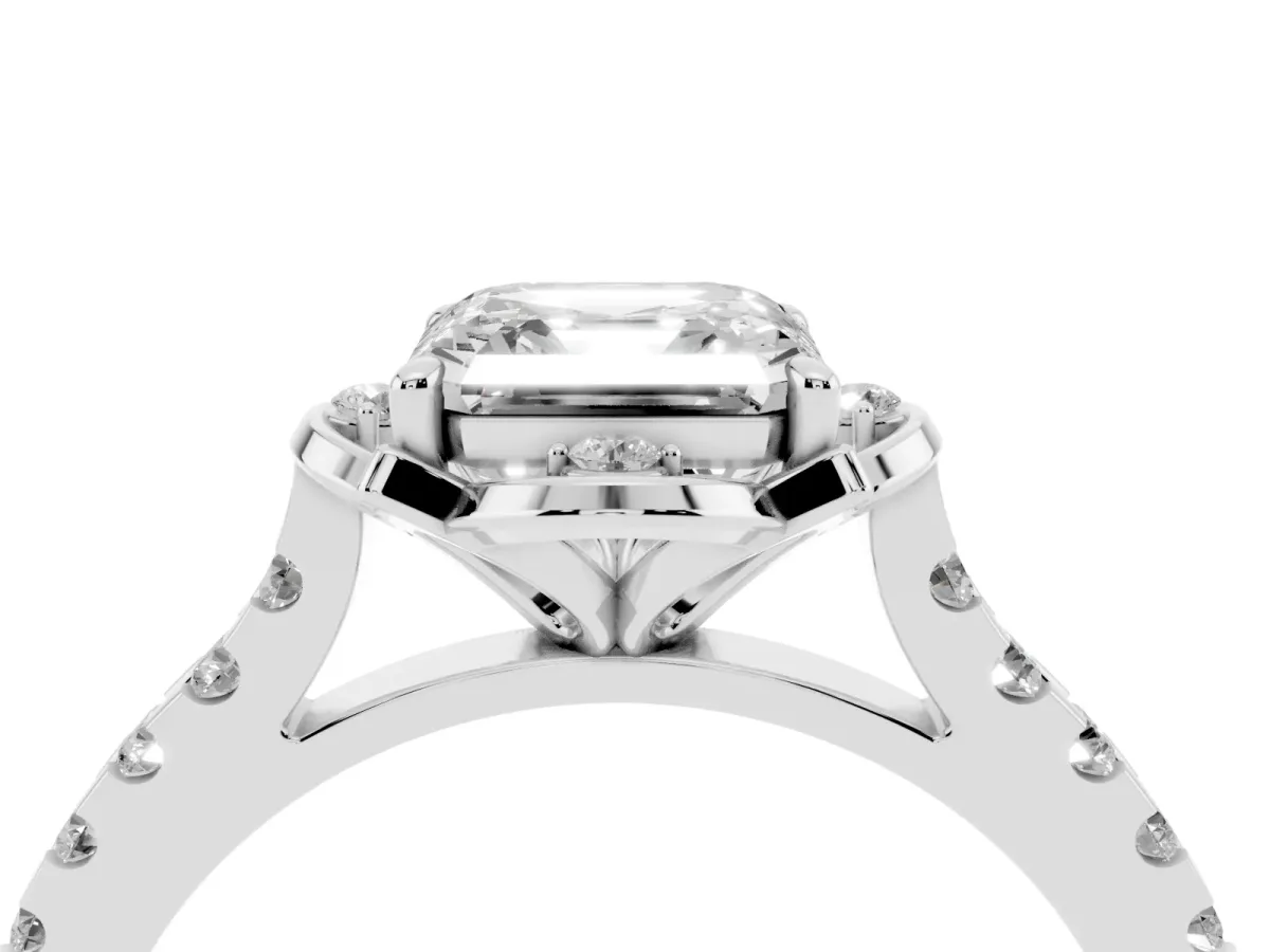 Asscher Cut Diamond Ring with Pavé Band and Floral Prong Setting Platinum