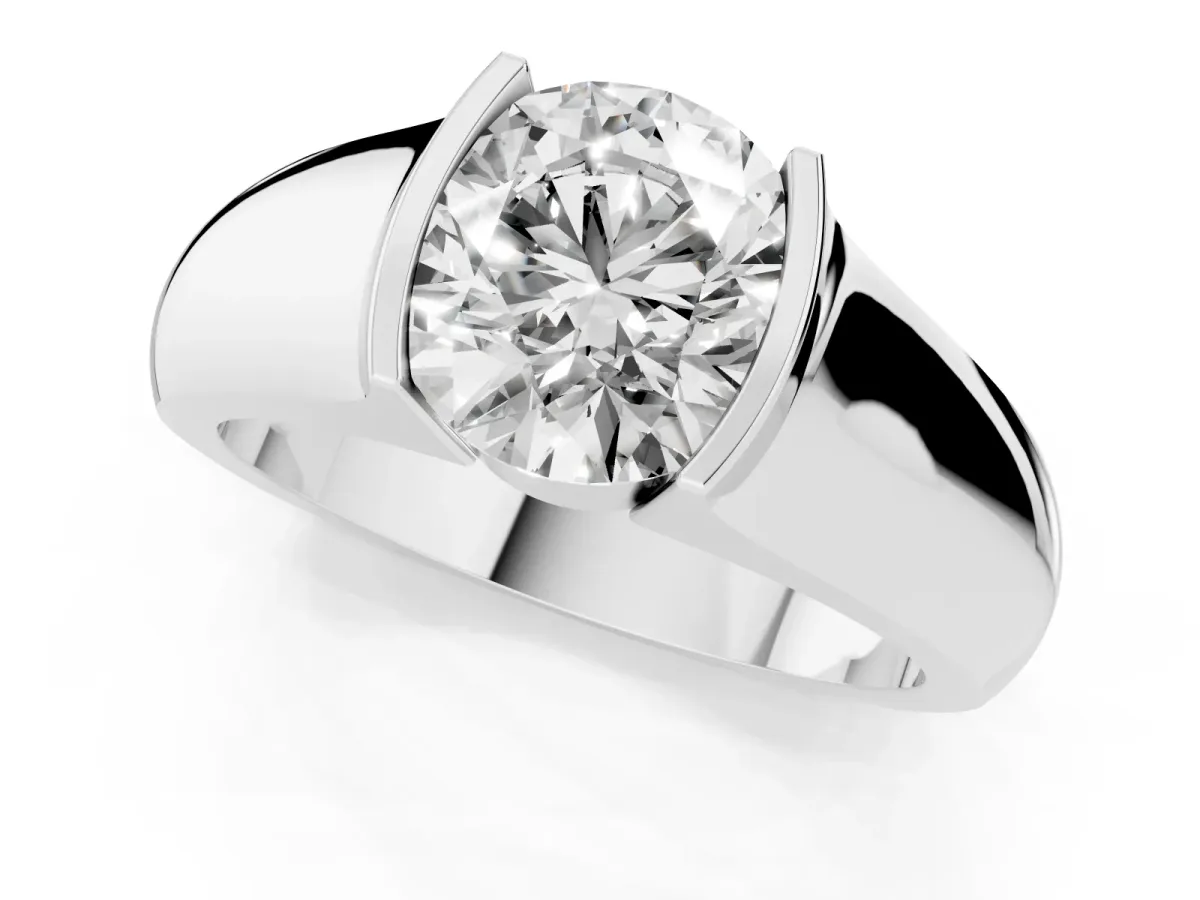 Round Cut Solitaire Bezel Set Diamond Ring with Wide Band Silver