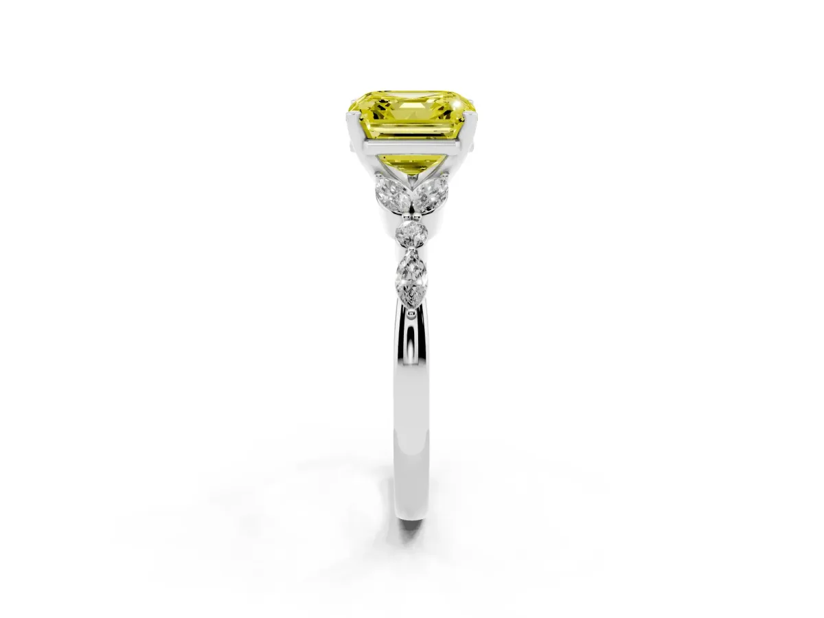 Fancy Yellow Asscher Cut Diamond Solitaire Ring with Side Stones and Four-Prong Setting Silver