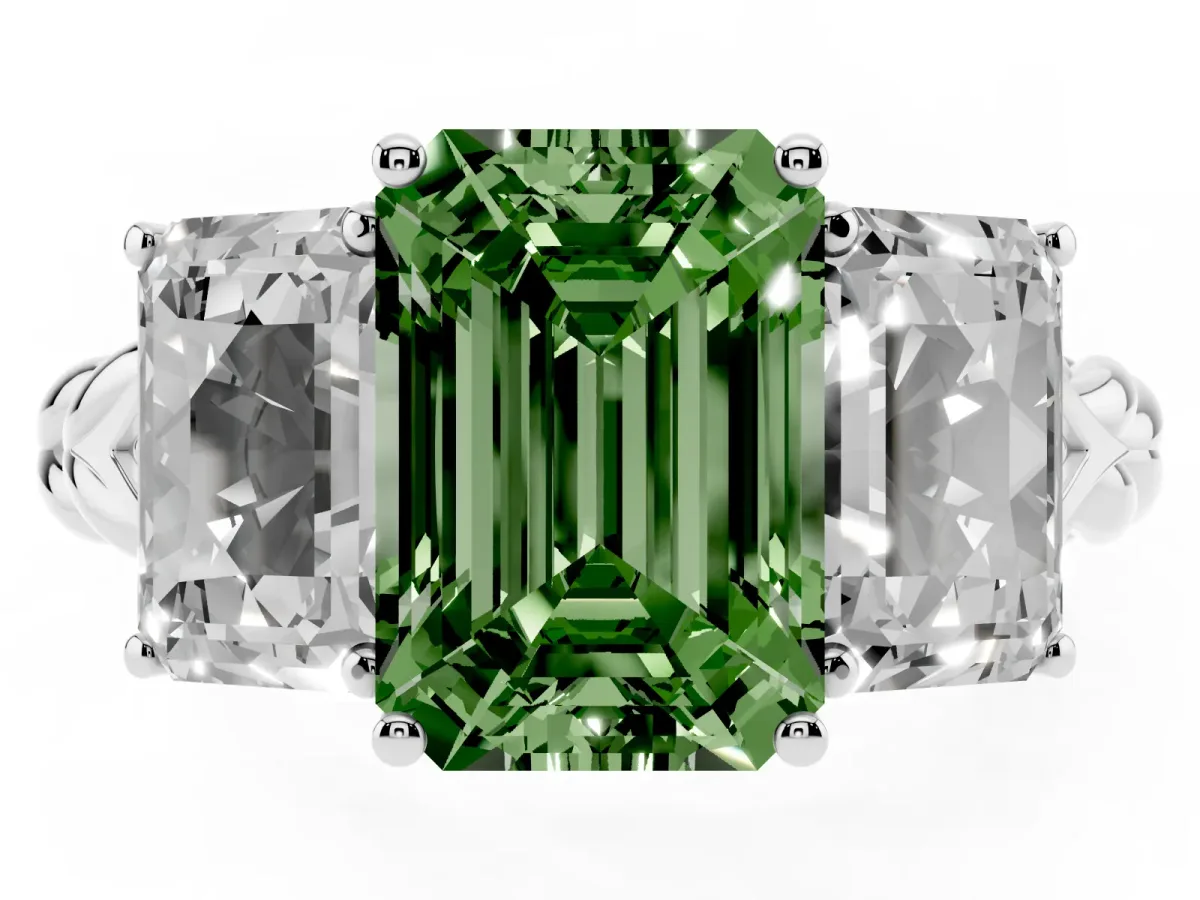 Fancy Green Three-Stone Radiant Cut Diamond Braided Band Ring with Four-Prong Setting Silver