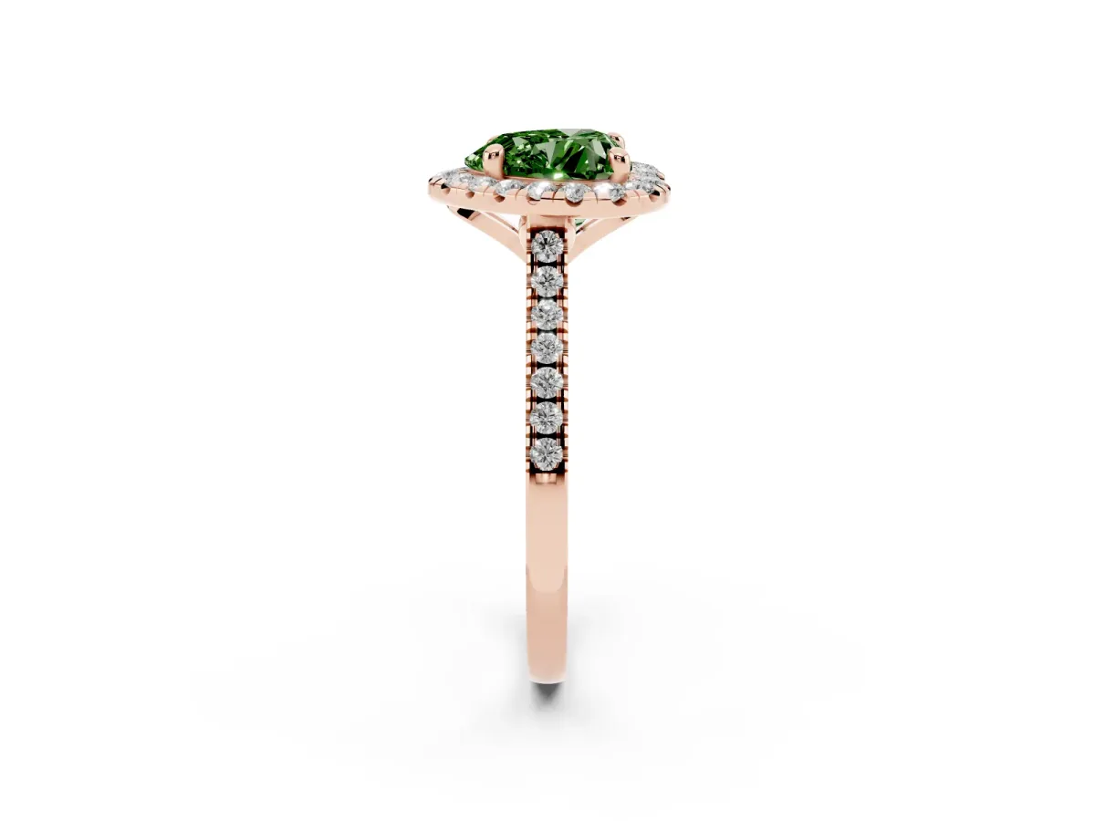 Fancy Green Heart Cut Diamond Cushion Halo Ring with Pavé Band Rose gold