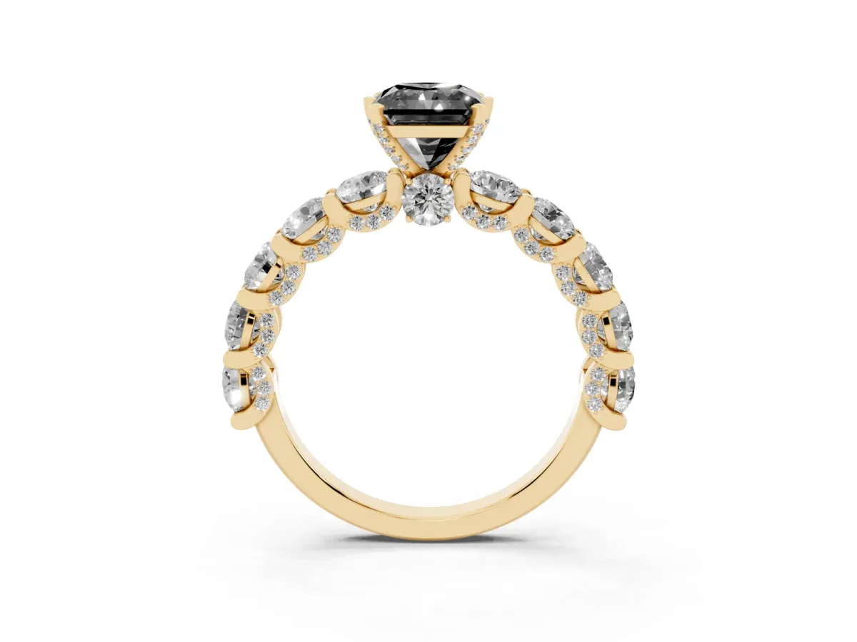 Fancy Black Radiant Cut Diamond Side Stone Engagement Ring with Four-Prong Setting Yellow gold