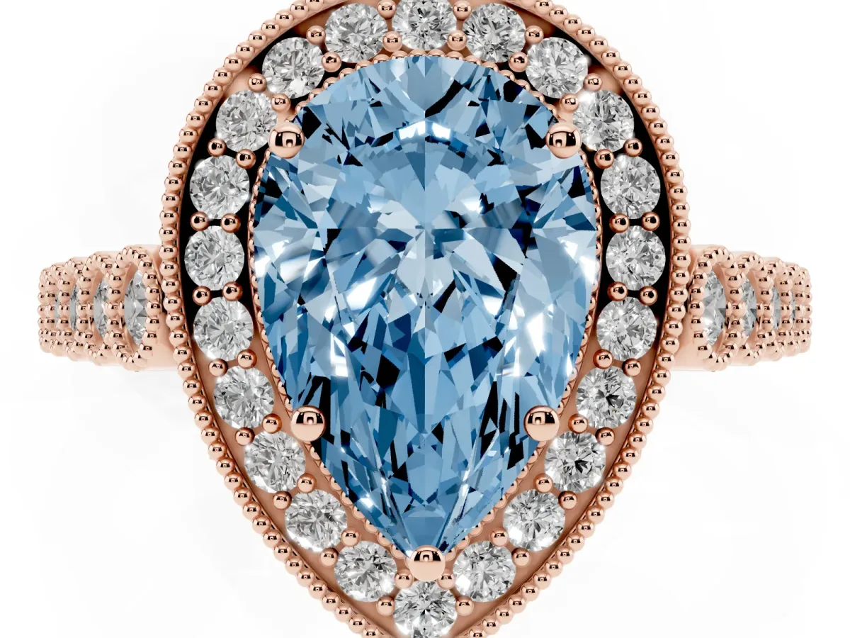 Fancy Blue Pear Cut Halo Milgrain Solitaire with Bezel Set Side Stones and Pave Band Rose gold