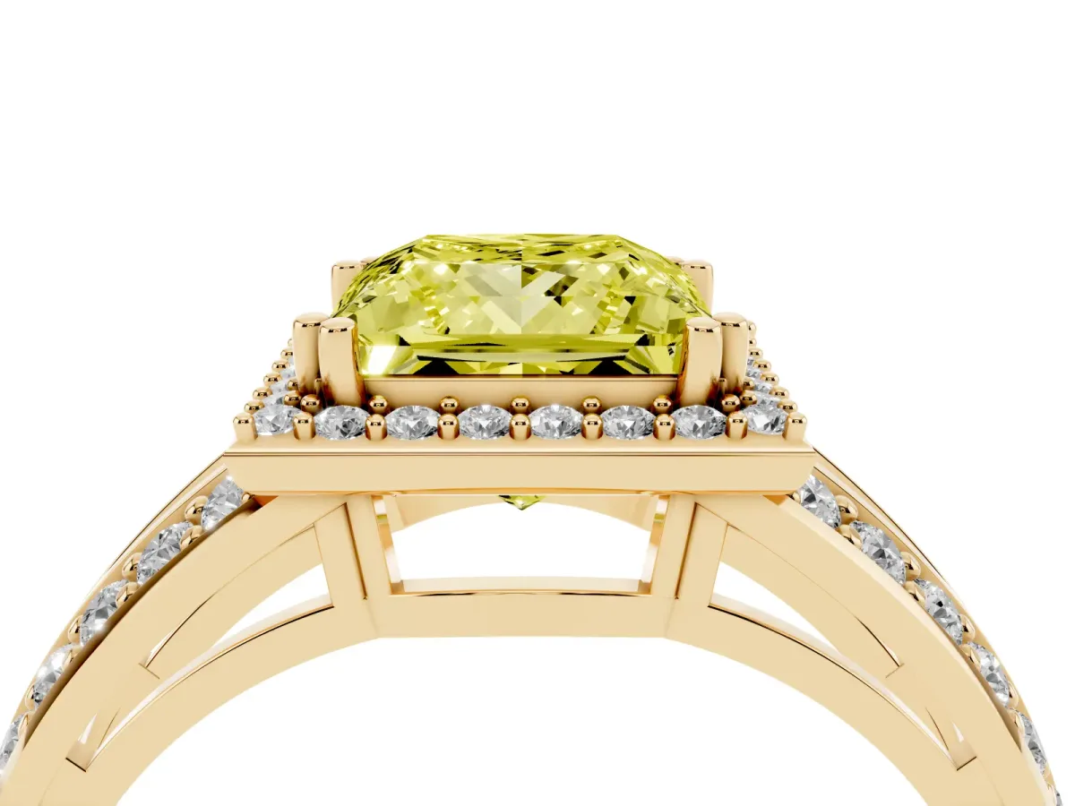 Fancy Yellow Princess Cut Diamond Halo Ring with Split Shank Pavé Band and Four-Prong Setting Yellow gold
