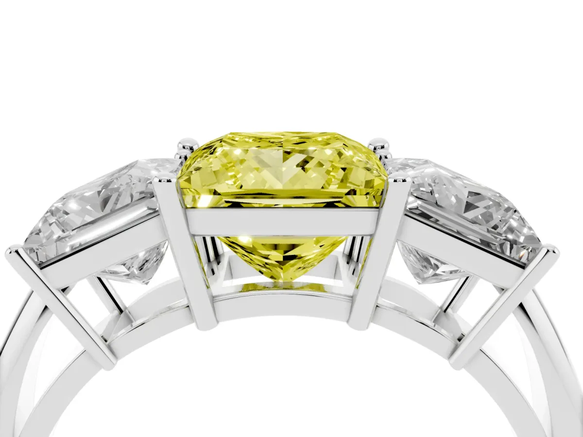Fancy Yellow Three-Stone Princess Cut Cut Diamond Engagement Ring with Prong Setting on a White Gold Band White gold
