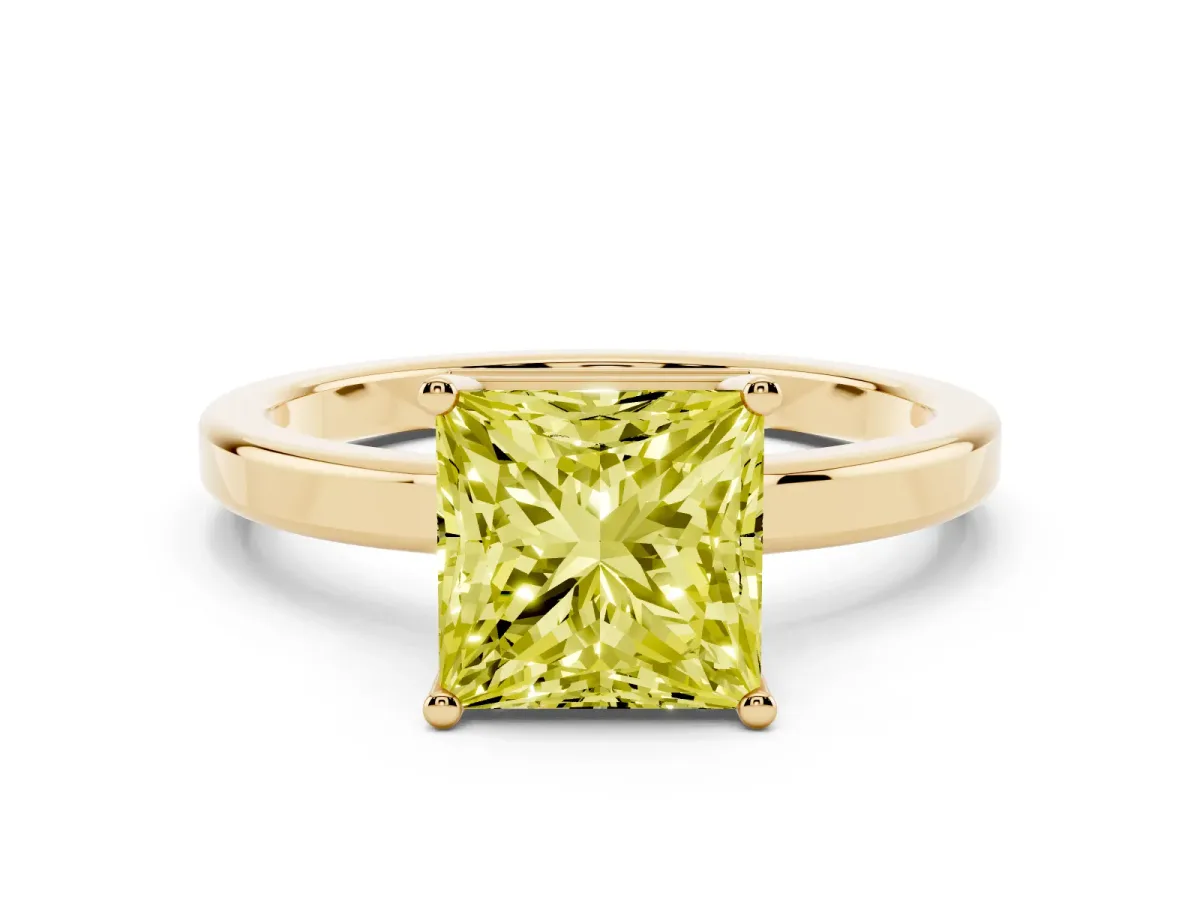 Fancy Yellow Princess Cut Cut Solitaire Engagement Ring with Four-Prong Setting on a Classic Band Yellow gold