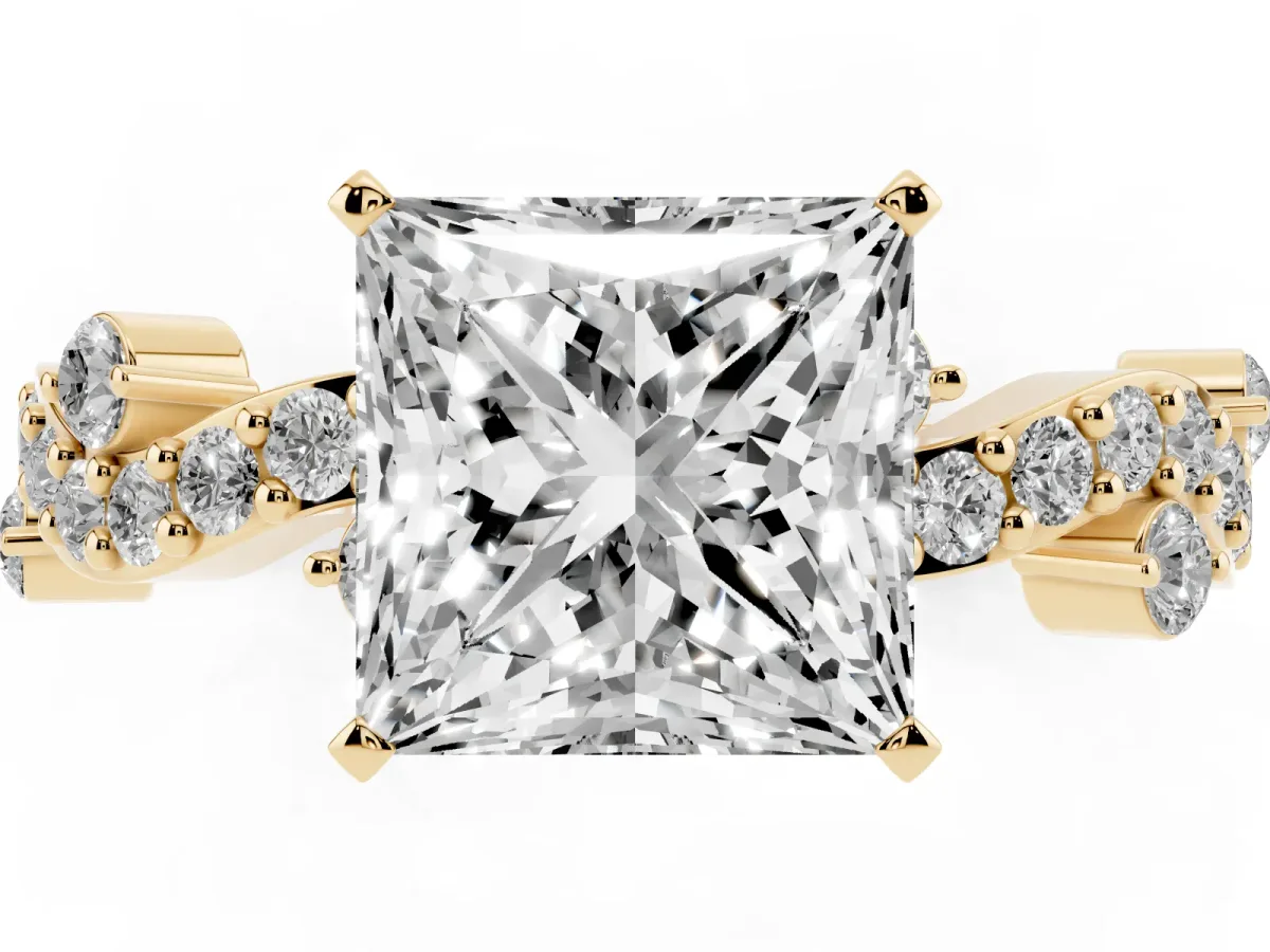 Princess Cut Cut Solitaire Diamond Twisted Band with Pave Setting Yellow gold