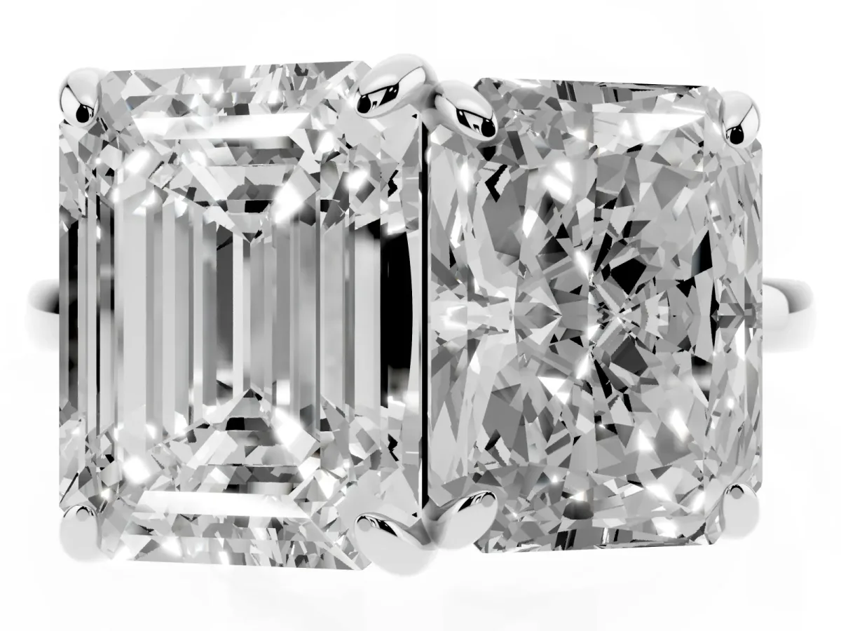 Emerald and Radiant Toi Moi Ring with Prong Setting and Plain Band Platinum