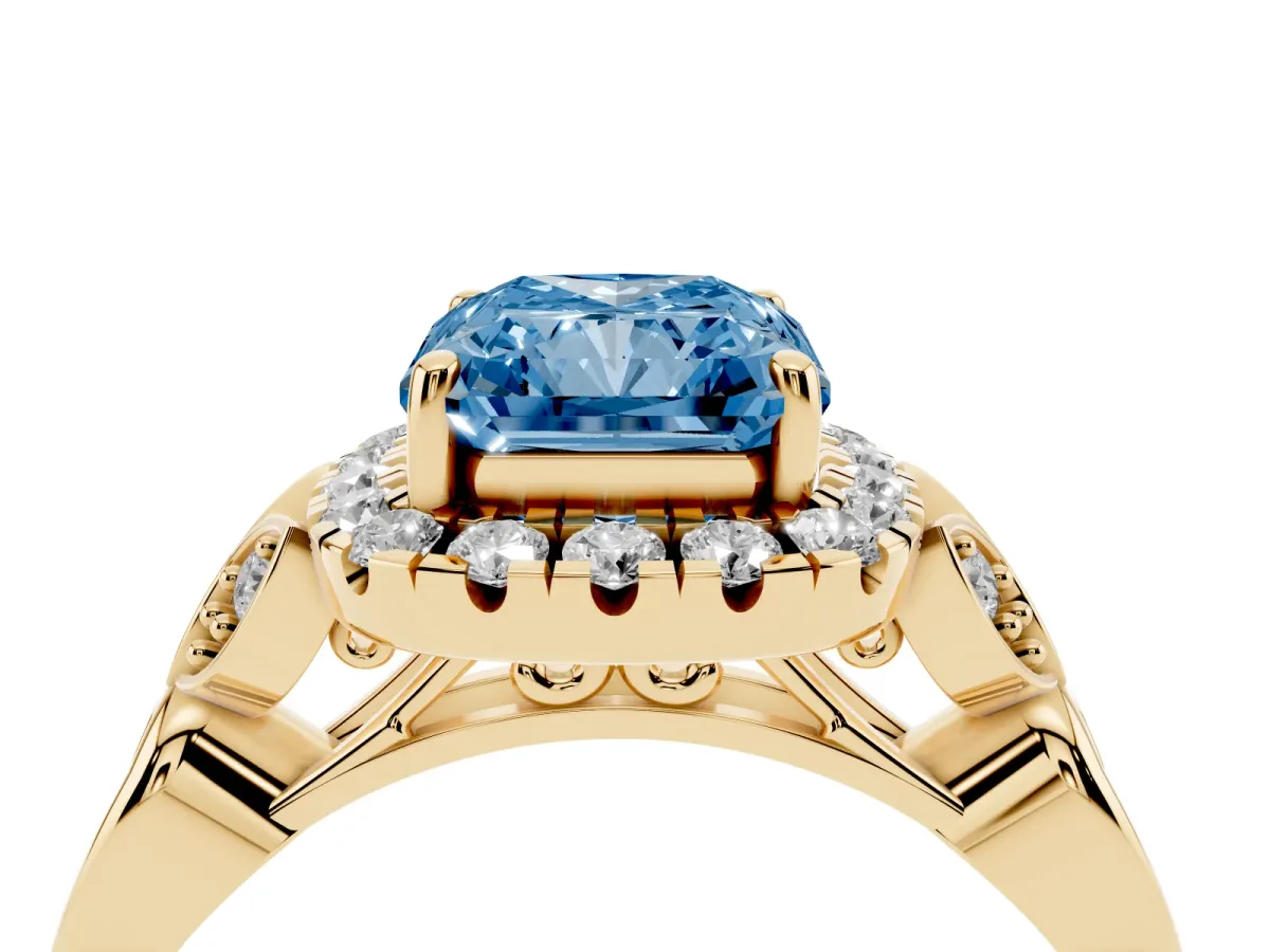 Fancy Blue Radiant Cut Halo Diamond Engagement Ring with Vintage-Inspired Band and Four-Prong Setting Yellow gold